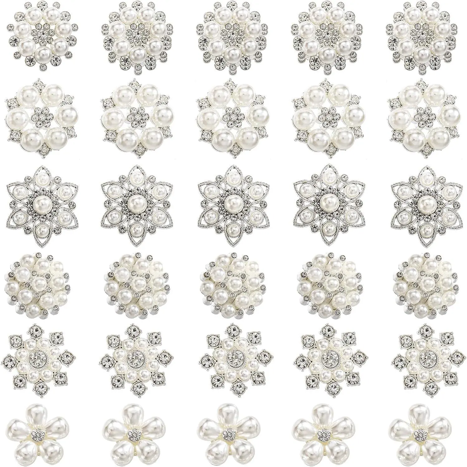 30 Pack  Rhinestone Buttons, 6 Styles Embellishments Button Faux  Button, Flat  Flower  Buttons for DIY Craft  Making Wedding Bridal Bouquet Party  Decoration