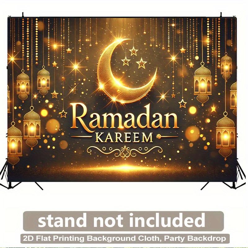 1PC,2D Flat Ramadan Kareem Party Backdrop, Golden Moon Star Lantern Pattern Background Cloth, Eid Festival Decoration Backdrop, Indoor Outdoor Event Scene Setting Banner, Islamic Ramadan Theme Party