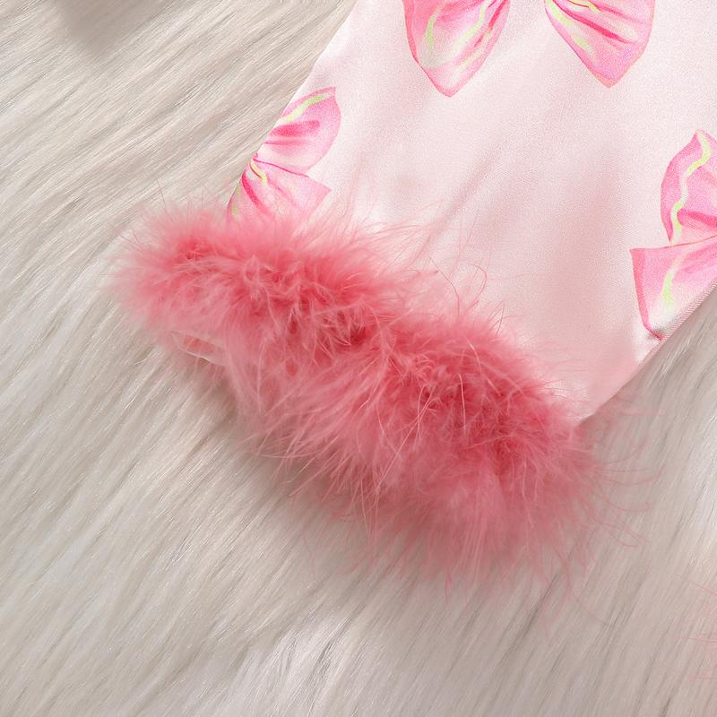 Baby Girls Pajamas, Long Sleeve Bow Print Furry Patchwork Button Closure Jumpsuit Sleepwear Loungewear Baby Girls Pajamas, Long Sleeve Bow Print Furry Patchwork Button Closure Jumpsuit Sleepwear Loungewear