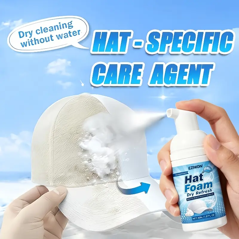 Hat Foam Dry Cleaner, Water-free Wash Design Quickly Removes Sweat Stains and Oil Residue, Reducing Deformation Concerns. Suitable for Baseball Caps, Bucket Hats, Sofa Cushions, and Car Seat Care. A Versatile Foam Dry Cleaner, Foaming Cleaner