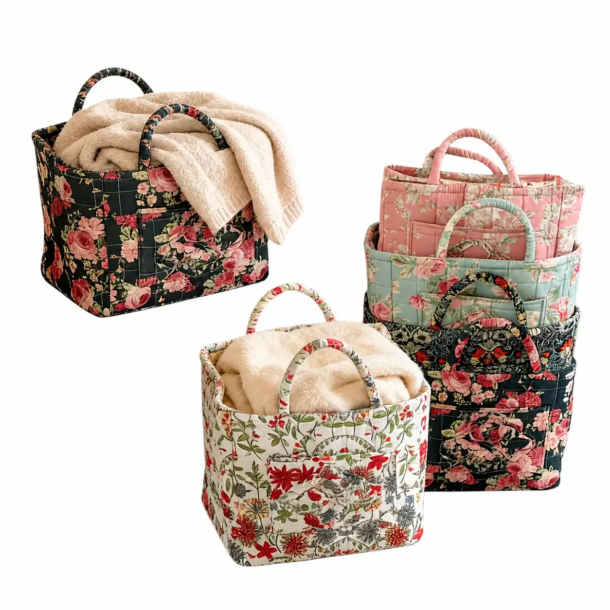 Retro-Inspired Quilted Floral Storage Basket with Peony Print – Large Portable Organizer for Home Decor, Camping, Hiking, and Everyday Use – Durable Fabric Construction with Reinforced Handles