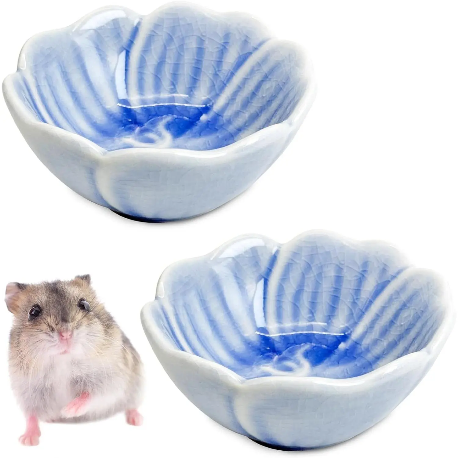 2-Pcs Compact Artistic Look Flower Shape Hamster Ceramic Bowl - Anti-Turning Food & Water Dish for Dwarf Hamsters (Blue, Narcissus Pattern)