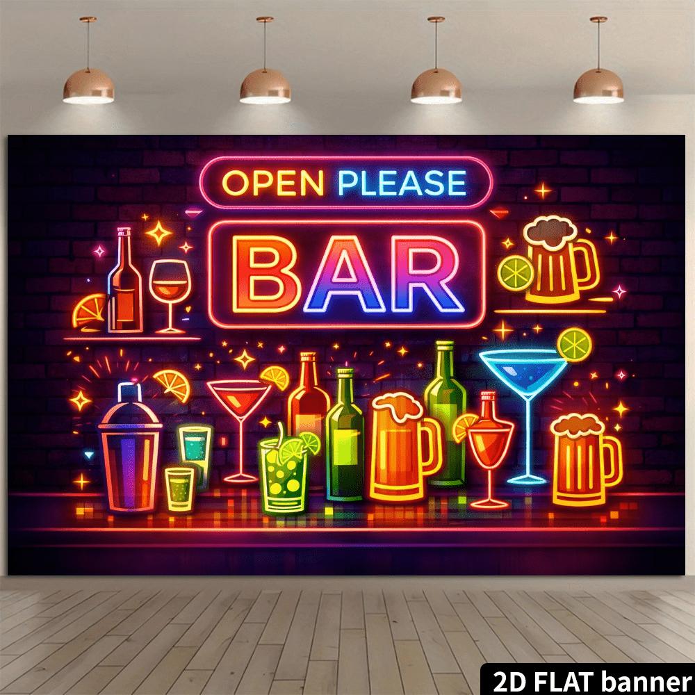 2D Flat Neon Bar Themed Backdrop with "OPEN PLEASE BAR" Style, Featuring Bartender Tools, Beer Mugs, and Cocktail Elements. Made of Durable, No Power Supply Needed. Suitable for Bar Decor, Party Setup, and P