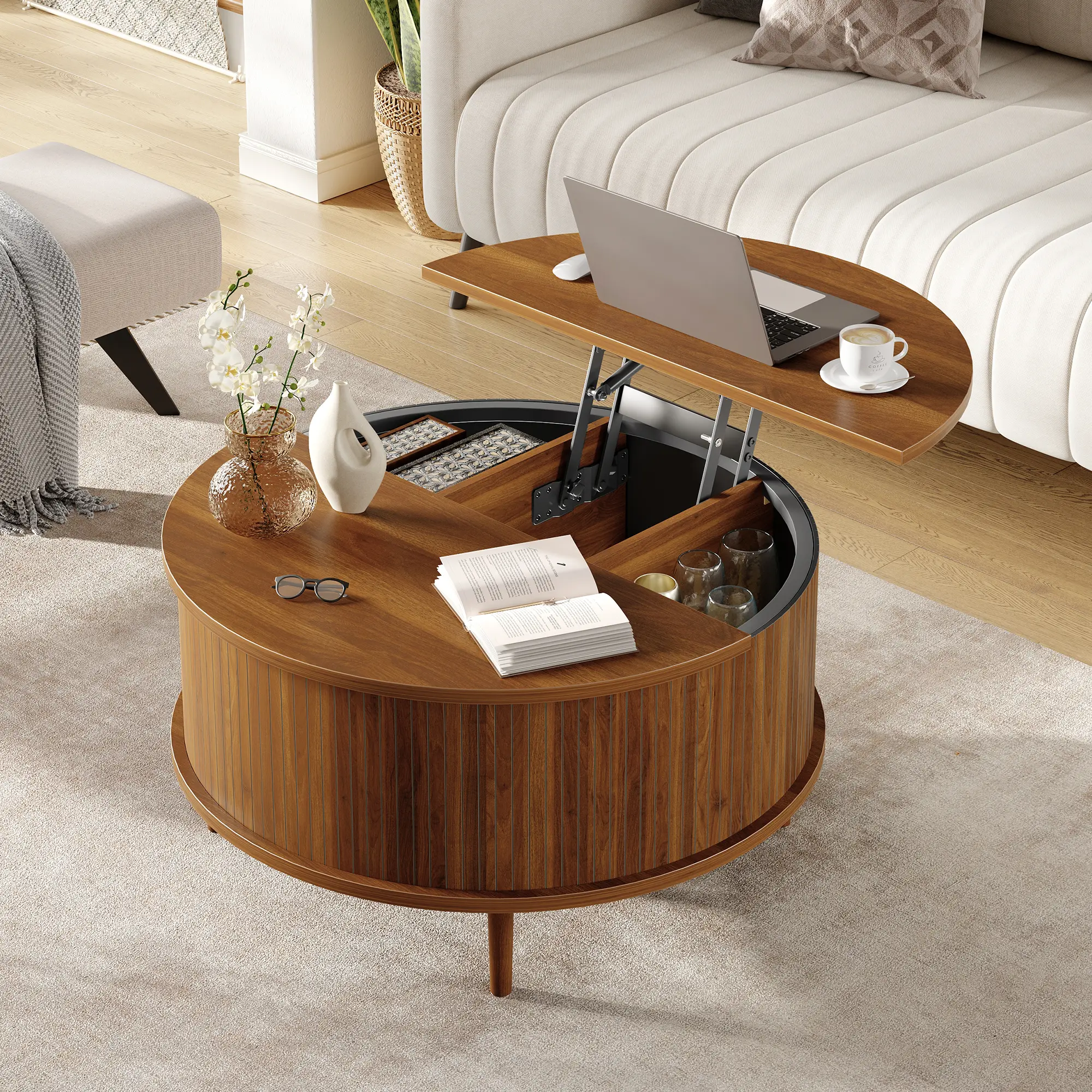 31.5 in Round Lift Top Coffee Table with Storage, Fluted Drum Wood Center Table with Hidden Cabinets, Modern Farmhouse/Mid-Century for Living Room & Small Spaces - Natural Wood