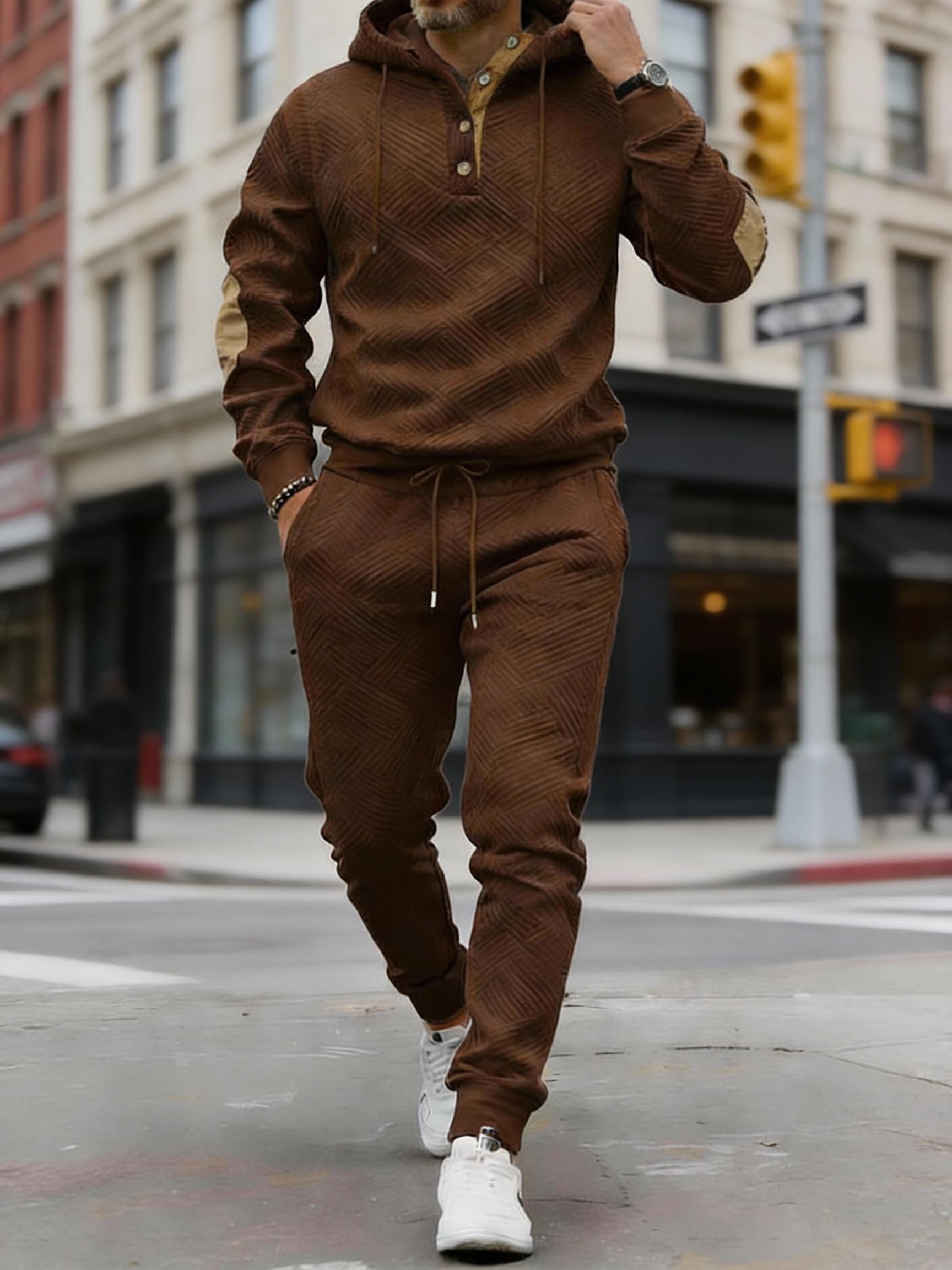 Vintage Style Men's 2-Piece Loungewear Set - Textured Fabric Hoodie with Button Placket & Contrast Details Casual Beige