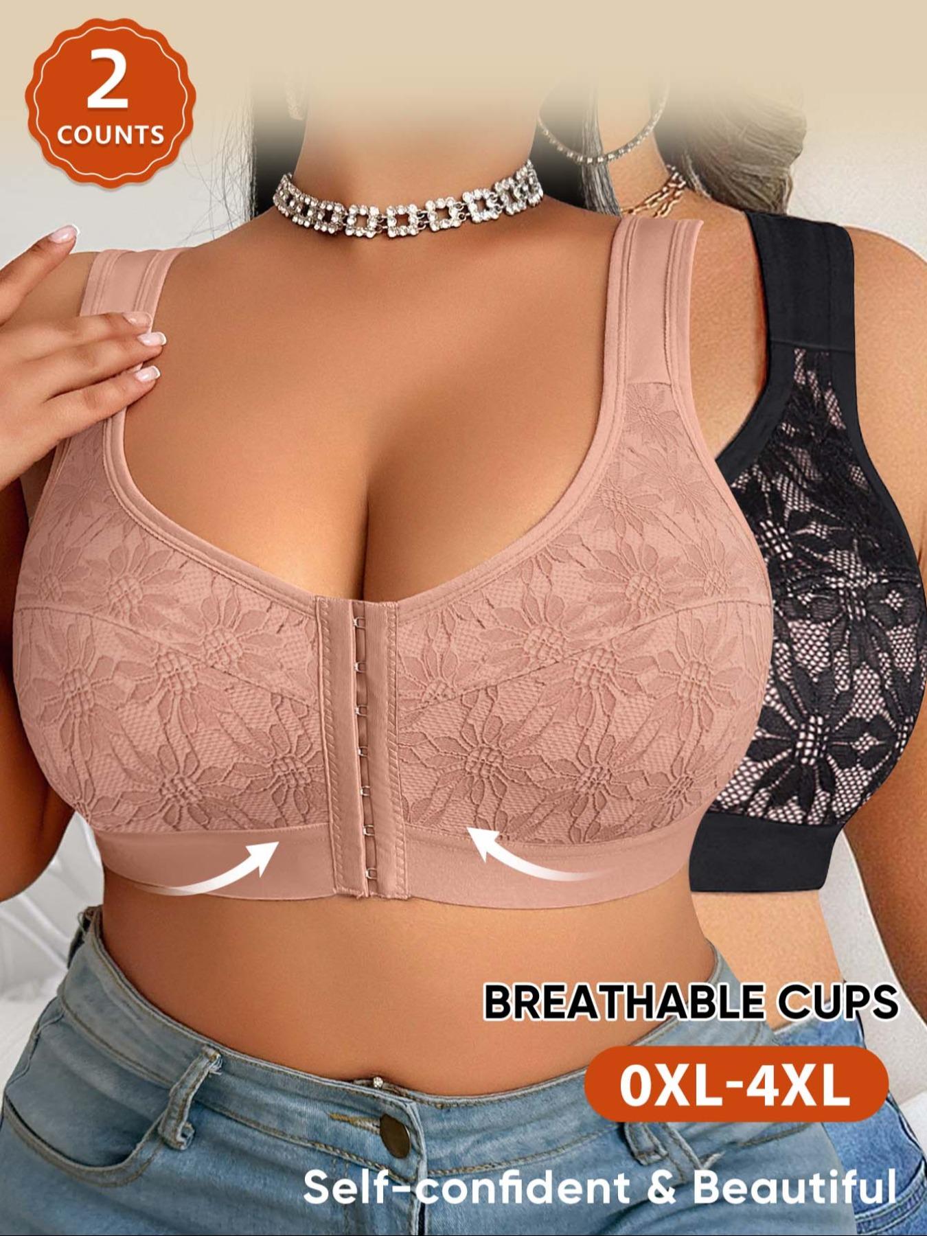 2 Pack Plus Size Women's Everyday Bras, Full Coverage Soft and Breathable Thin Cup, Front Closure Push Up Underwear for All Seasons