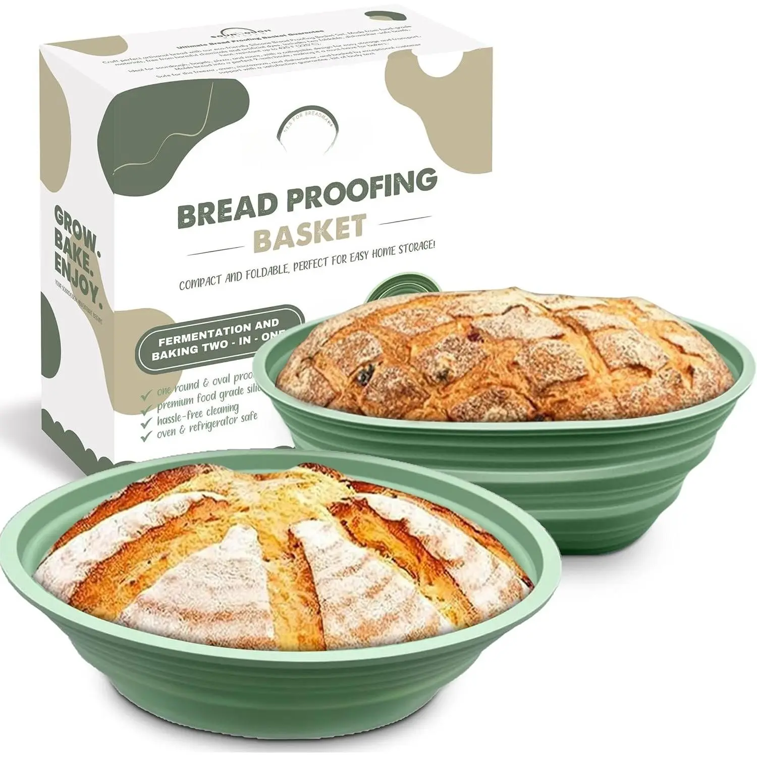 Banneton Bread Proofing Basket - Includes Oval & Round Foldable proofing Bowls (9.5 Inch) - Oven & Dishwasher Safe, Gifts for Artisan Bakers - Sage Green