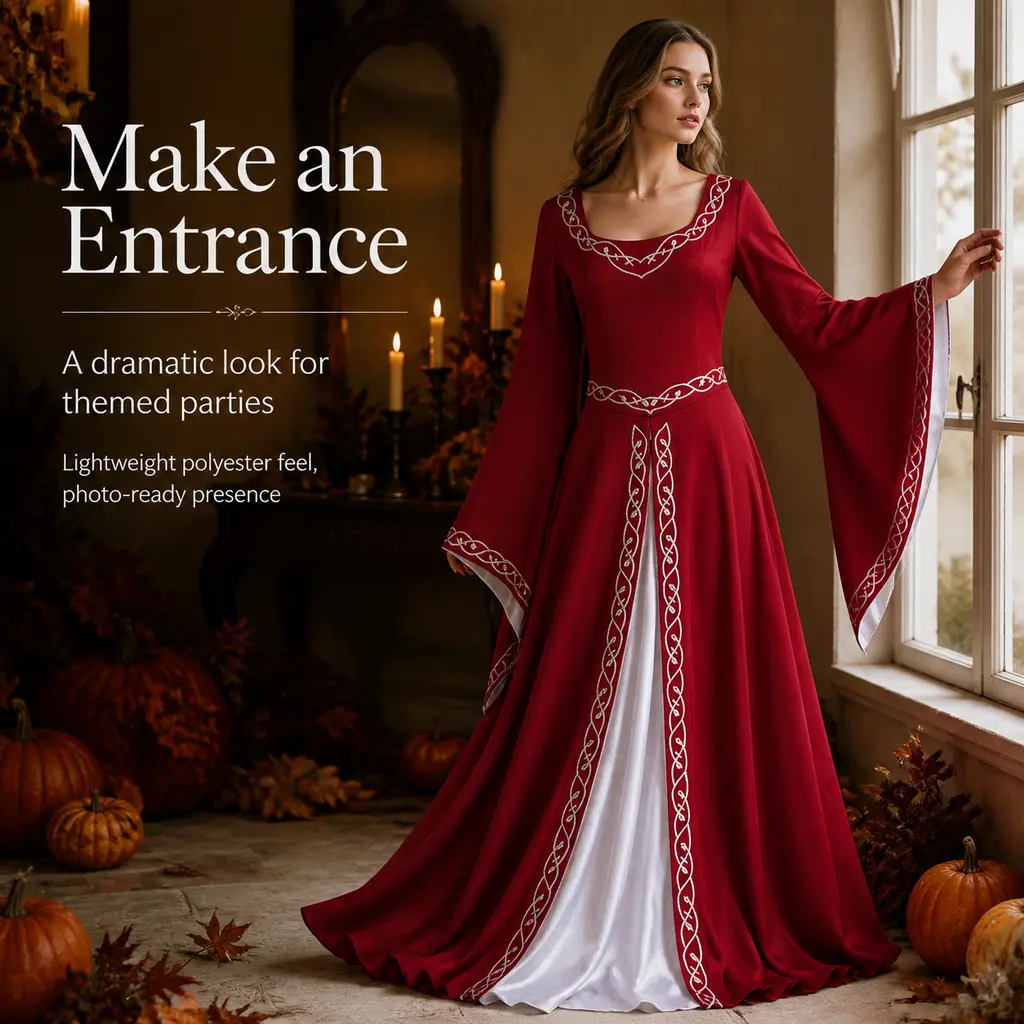 Women's Polyester Smooth Fabric Medieval Renaissance Embroidered Bell-Sleeve Floor-Length Maxi Gown - Adult Carnival Halloween Cosplay Royal Noble Costume, Renaissance Fair Apparel