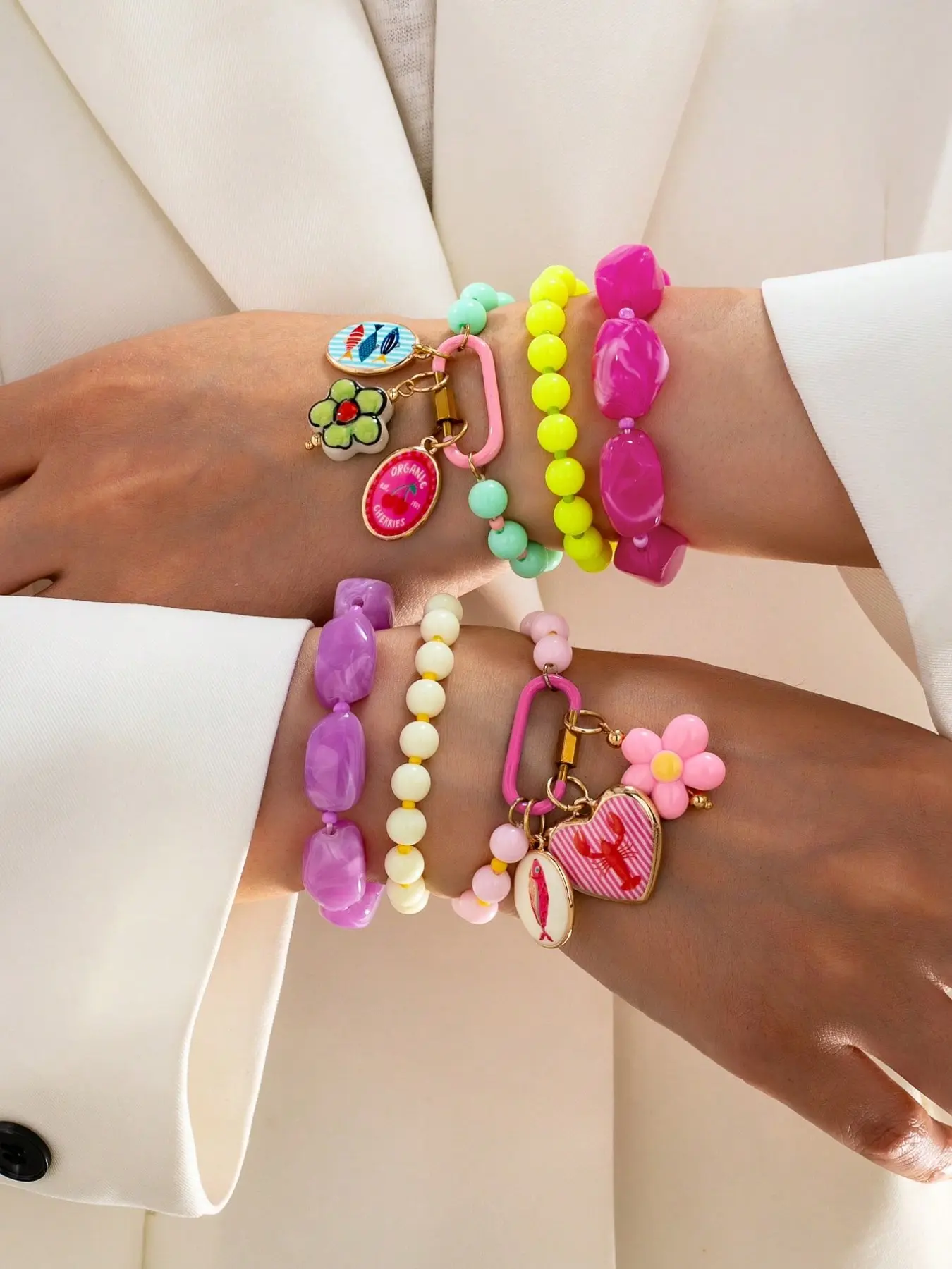 Y2K Pastel Stack Beaded Bracelets, Colorful Flower Lobster Fruit Fish Charms Layered Acrylic Bracelet Set, Stackable Beaded Bracelet, Trendy Summer  for Girls Women