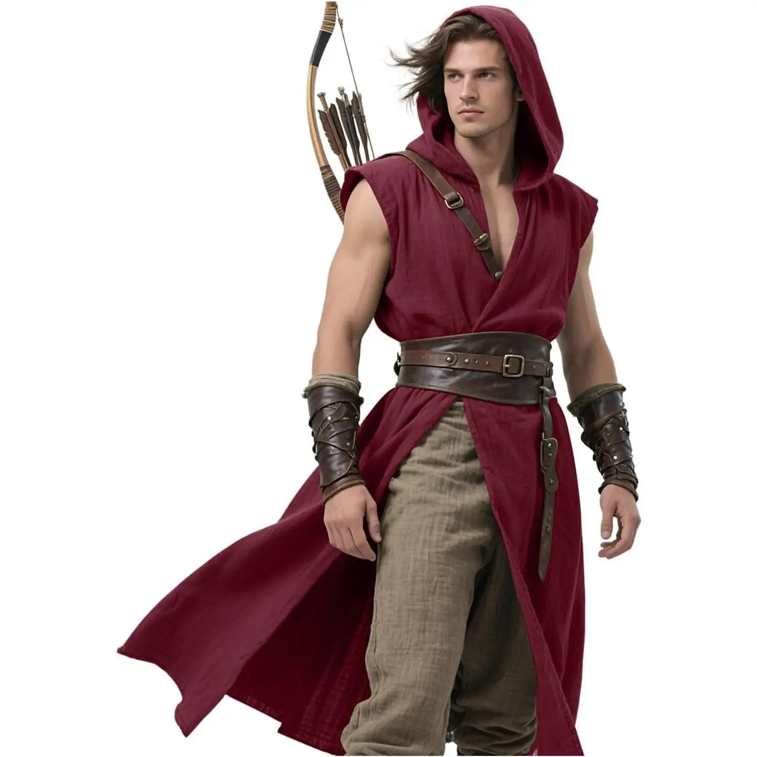 Men's Hooded Surcoat Tunic, Sleeveless Acrylic Medieval Renaissance Costume for Male Historical Period Cosplay, Menswear
