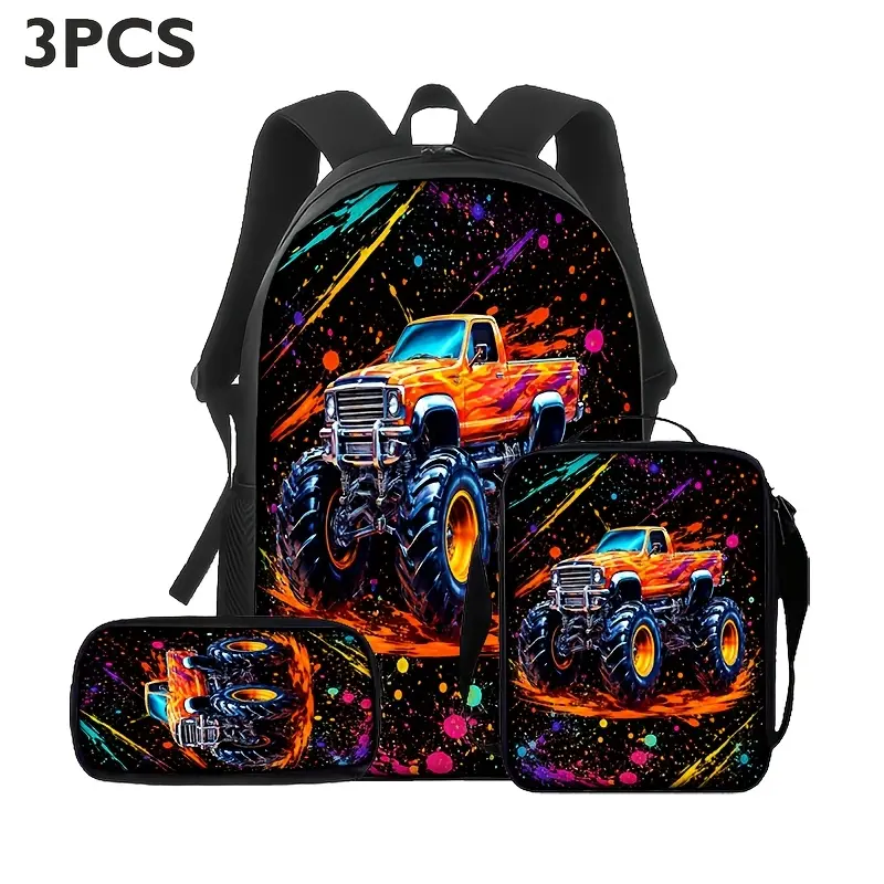 Orange Monster Truck 3-Piece Backpack Set, Big Wheel Off Road School Bookbag with Matching Lunch Bag and Pencil Case, Racing Backpack for Boys Girls Teens, Travel Gift, Adventure Daypack Gift