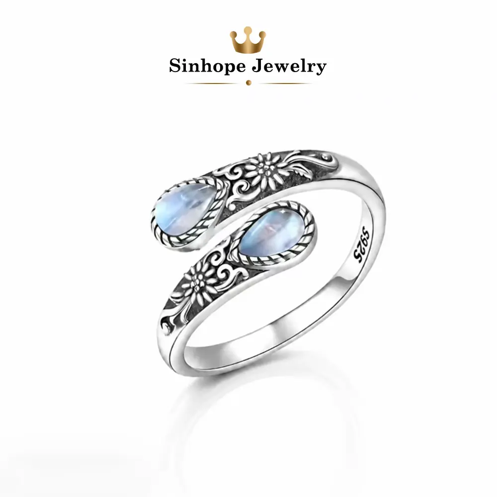 Vintage S925 Sterling Silver Moonstone Ring, Adjustable Open Cuff Ring with Twin Teardrop Moonstones, Floral Engraved Boho Statement Ring, Hypoallergenic Jewelry, Birthday Anniversary Gift for Women