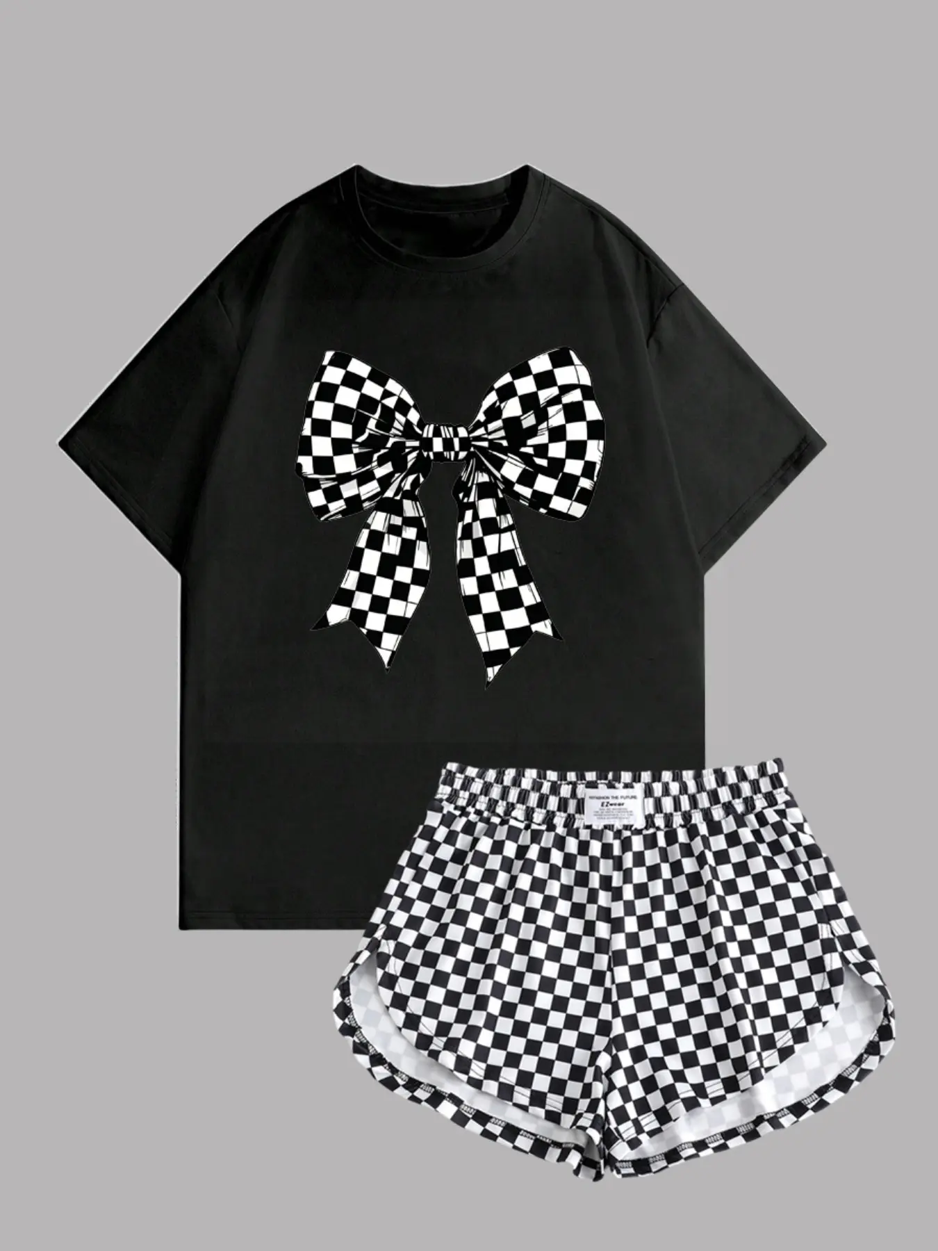 2 pieces, retro black and white checkerboard butterfly pattern printed solid color round neck T-shirt top+same grid waist logo side slit shorts, women's Y2K summer daily casual home versatile wear
