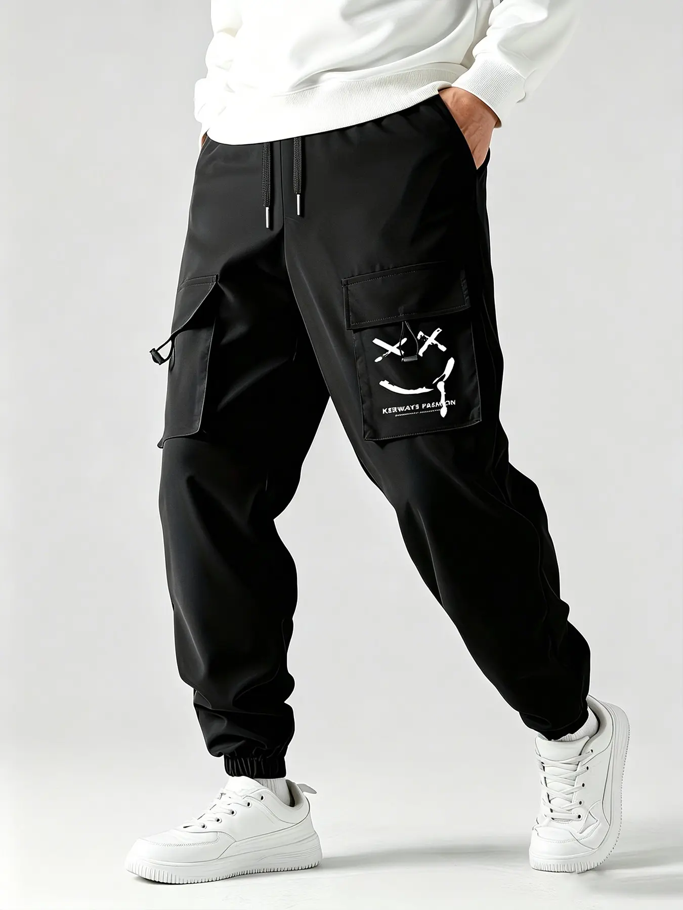 American Street Style Funny Smile Print Cargo Pants, Men's Loose Wearable Student Commute Hiking Ankle Cargo Pants, All Seasons Casual