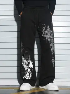 Men's Streetwear American Angel Virgin Cross Pattern Casual Long Pants, Daily Wear Loose Fit Unisex Sweatpants, Trendy Fashion Bottoms