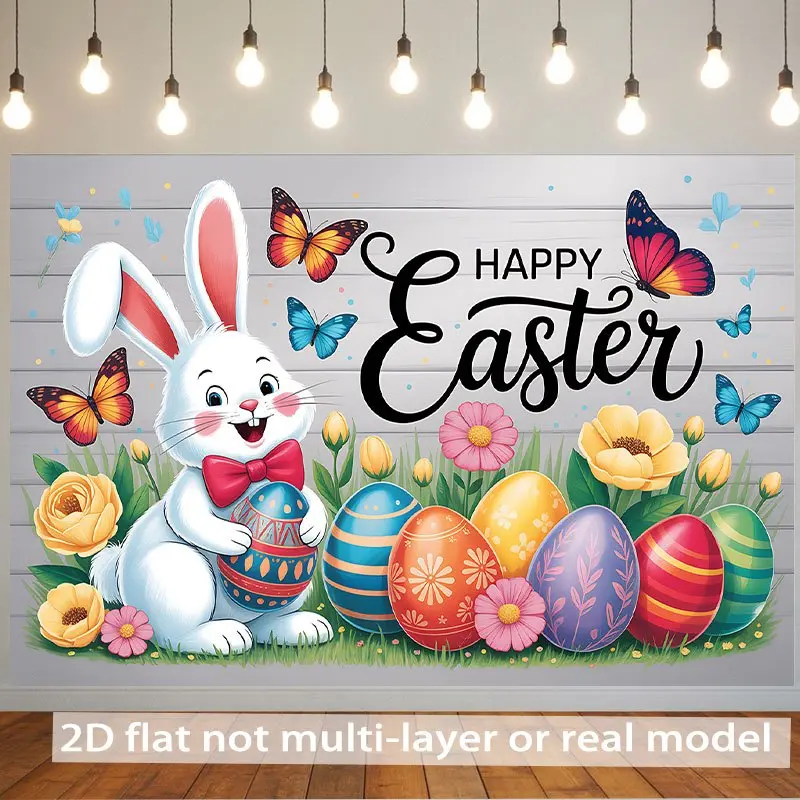 1Pc Polyester 2D Flat Easter Bunny Eggs Backdrop Decor, Hanging Banner for Family Events, Multi-Scene Home & Festive Party Decoration