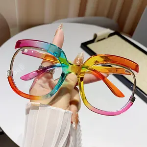 Women Trendy Half Rim Oversized Round Eyeglass Frames, Multi Rainbow & Tortoise Color Metal Trim Blue Light Block Optical Glasses Support Custom Prescription Lenses for Daily Office Use
