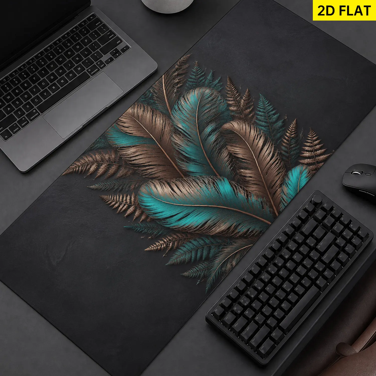 Extra Large teal and gold feather botanical Mouse Pad,Non Slip Rubber Pad,Desktop Decoration Drotection Pad,Washable,Lock Edge Multi Size,Premium Multipurpose Mousepad For Office,Home,Gift for Family and Friends