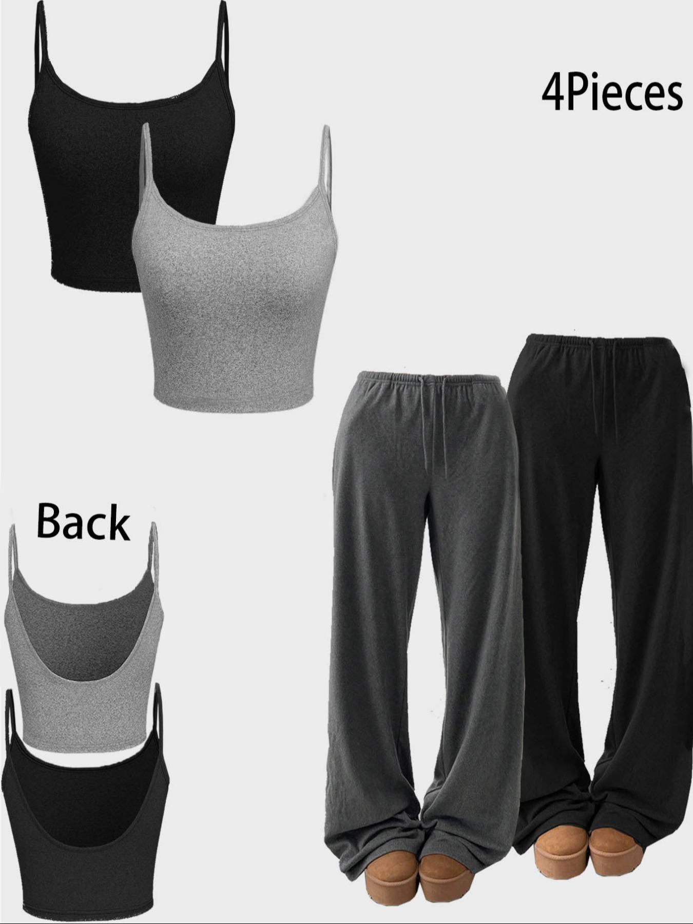 Women's Solid Crop Cami Top & Straight Leg Pants Set, Casual Comfy Breathable Minimalist Two-piece Set for Daily Wear, Ladies Clothes for All Seasons, Loungewear,Airport Outfit