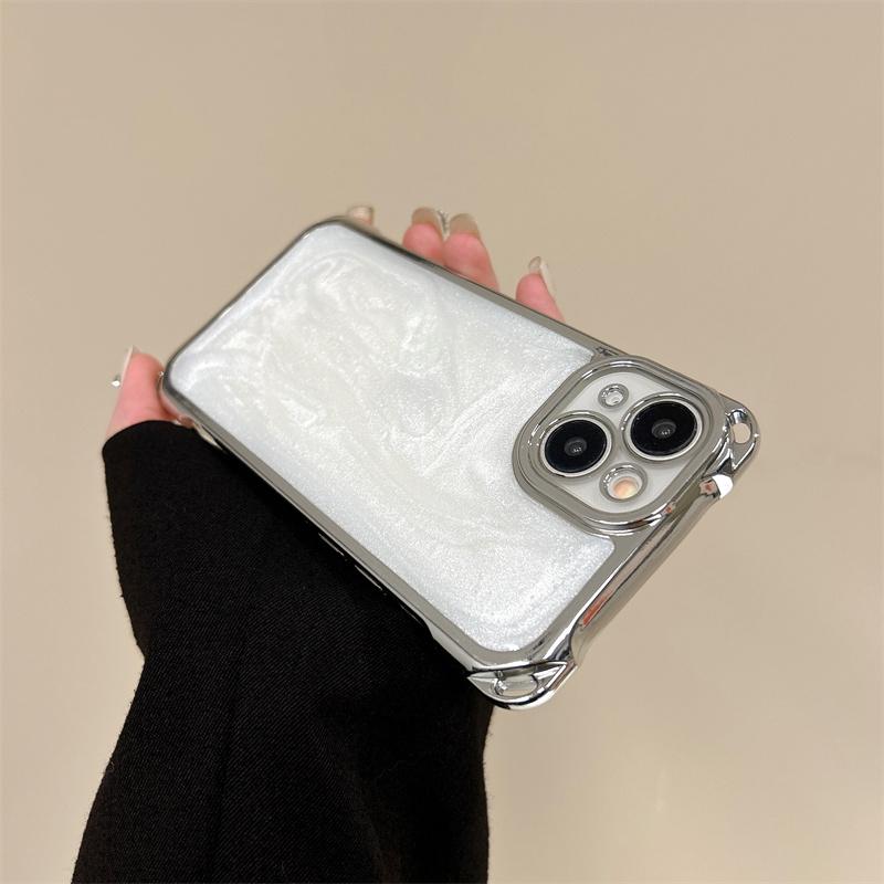 Silver Plated Four-Corner Shockproof Phone Case for iPhone 17 Pro Max 16 15 Pro Max 14 Plus 13 12, Minimalist Pearlescent White & Cement Gray Silicone Cover, Trendy Luxury for Women
