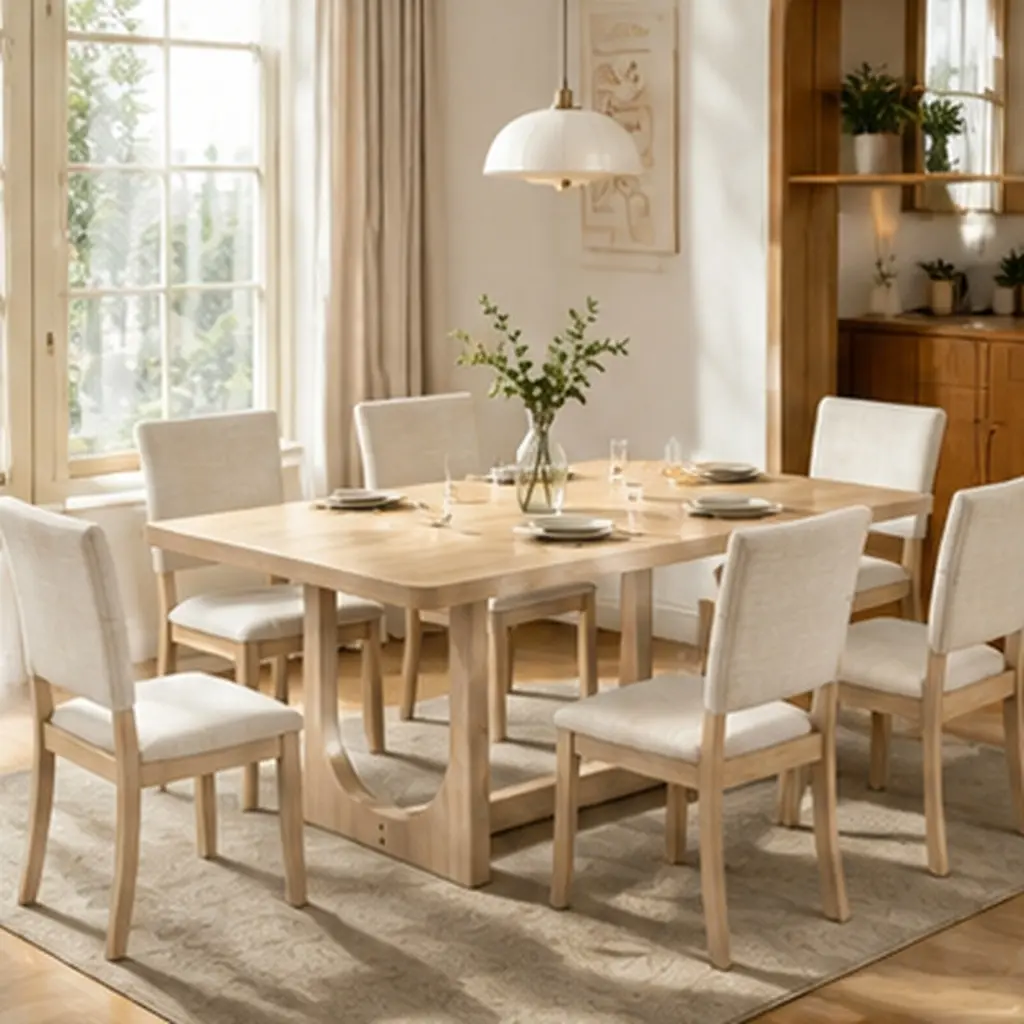 ARCH 7-Piece Modern Contemporary Dining Table Set for 6, 68in Rectangular Wood Table (Light Oak MDF Rubberwood U-Shaped Frame) with 6 Linen Fabric Foam Cushion Upholstered Chairs, Family Apartment Furniture, Assembly Guide Included for Gatherings