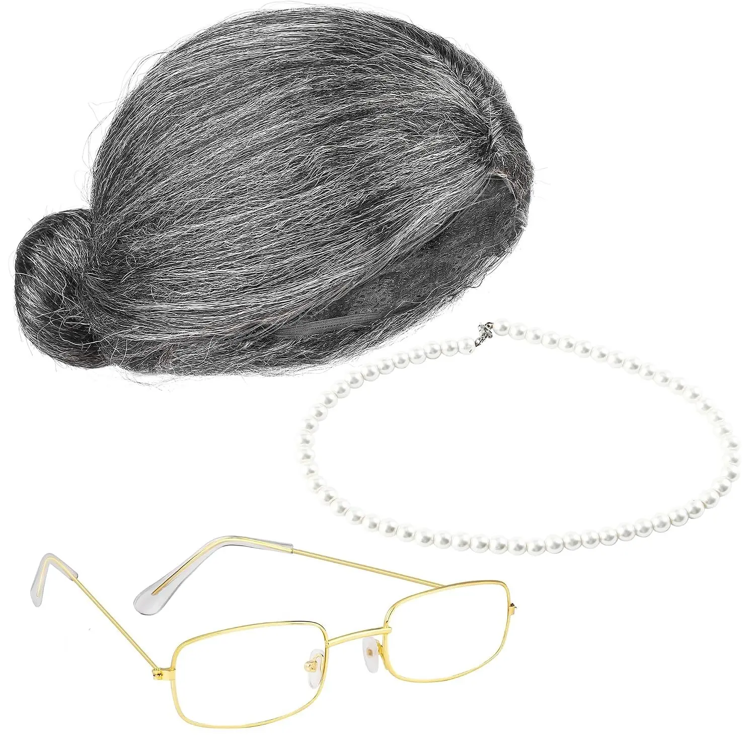 3 Pcs Grey Old Lady Wig Set with Granny Glasses and Artificial Pearl Necklace, 100 Days of School Grandma Costume Accessories for Halloween Fancy Dress(Gift)