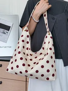 Vintage Polka Dot Linen Texture Tote Bag For Women, Burgundy Black 2 Color Dot Shoulder Hobo Purse, Magnetic Snap Layer Inner Pocket Large Commute Bag, Adjustable Metal Buckle Wide Strap Korean Casual Student Handbag