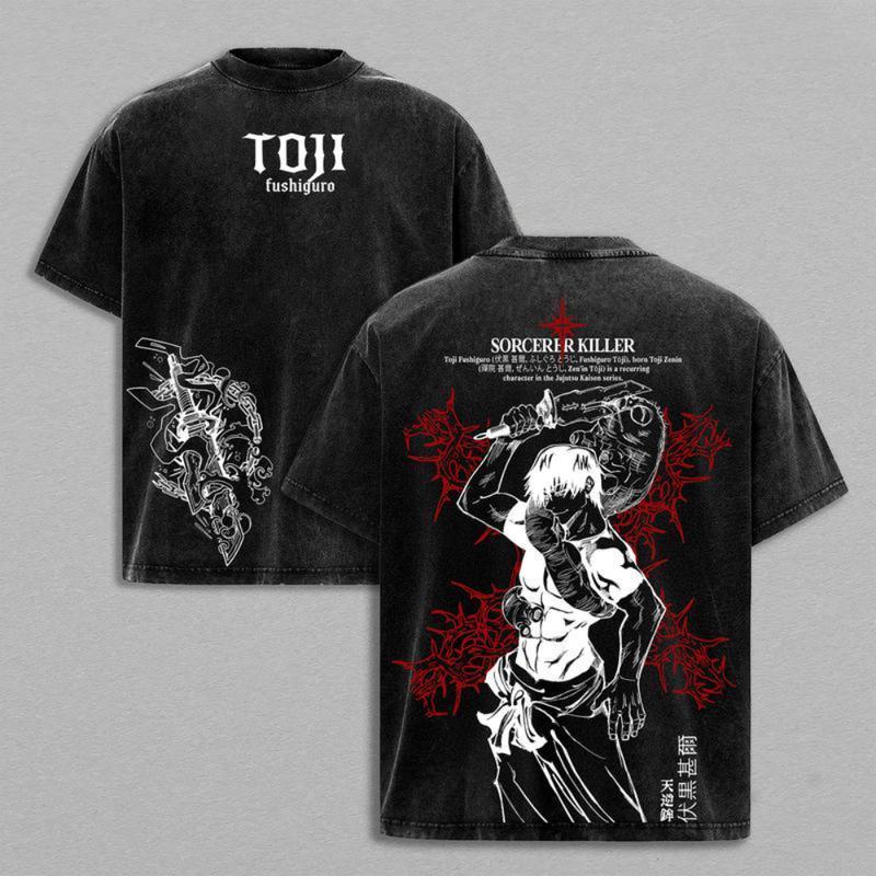 Toji Fushiguro Jujutsu Kaisen Vintage Tee – Oversized Washed Heavy Cotton Anime Shirt, Double-Sided Front & Back Prints, Retro Streetwear Top, Trendy Menswear for Casual, Party, Convention, and Battle Scene Fans