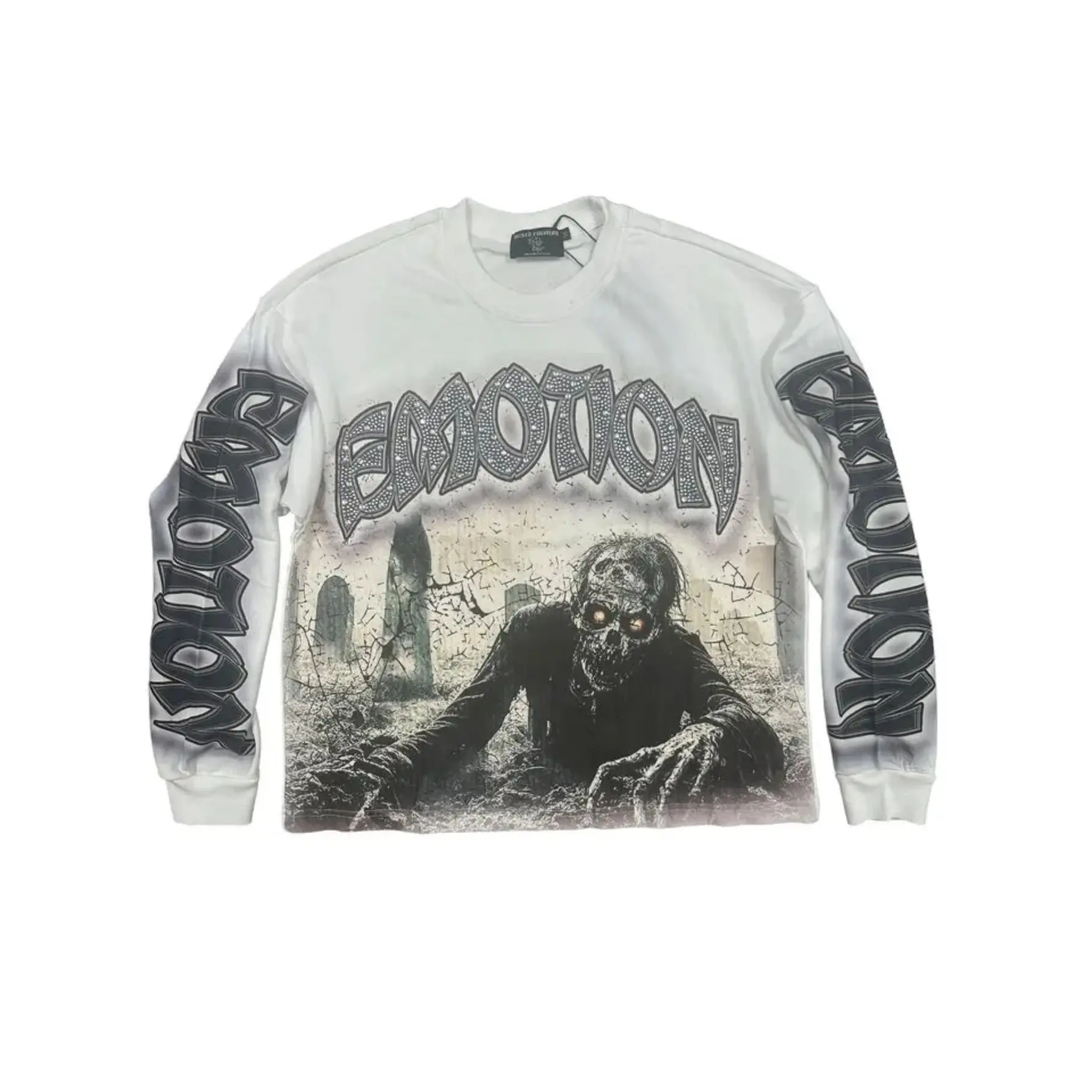 MIXED EMOTION Zombie Graphic Long Sleeve T-Shirt 100% Cotton Loose Oversized Y2K Gothic Rhinestone Drop Shoulder Crew Neck Casual Streetwear Top Men Women Unisex