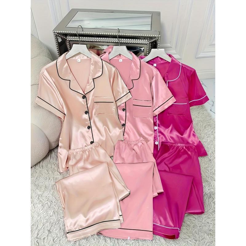 3 Sets Women's Solid Satin Casual Pajama Set, Short Sleeve Buttons Lapel Top & Pants, Comfortable Relaxed Fit