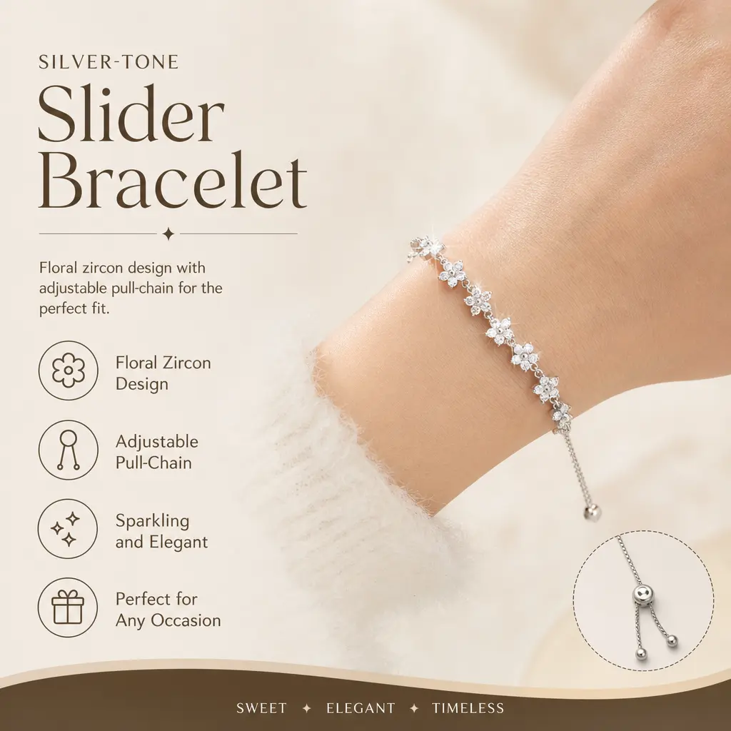 Silver-Tone Floral Zircon Slider Bracelet, Adjustable Pull-Chain Jewelry for Women, Sparkling Accessory for Date Nights & Daily Wear, Giftable Fashion Bracelet, Accessories
