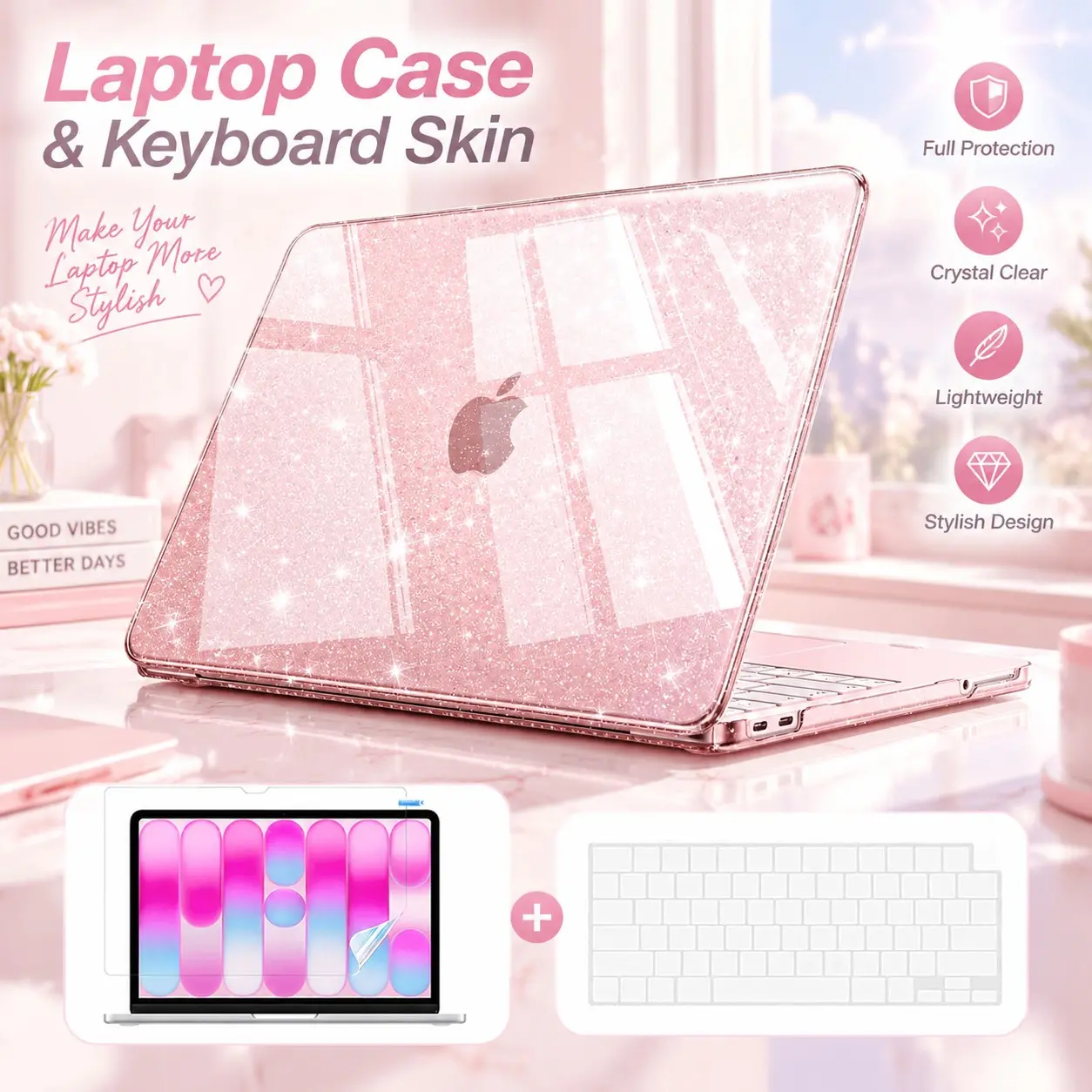 Nexabridge Macbook Neo Case 13 Inch 2026, Sparkly Blush Lightweight, Protective Hard Shell, Keyboard Cover, Screen Film, Glitter Case