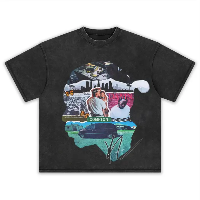"Compton City Album Collage Silhouette Cutout Portrait Hand Signature Vintage Washed Oversized Heavyweight Cotton Short Sleeve T-Shirt & Sleeveless Tank Top, Unisex Hip Hop Rap Fan Retro Streetwear Apparel "