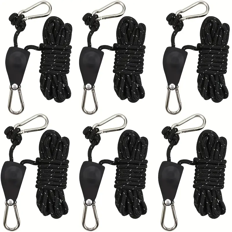 6pcs Retractable Outdoor Windproof Rope, Heavy Duty Ratchet Tie Down Straps with Pulley, Portable Adjustable Fix Camping Rope, Nylon Rope Retractable Ratchet Straps, Grow Light Pulley System