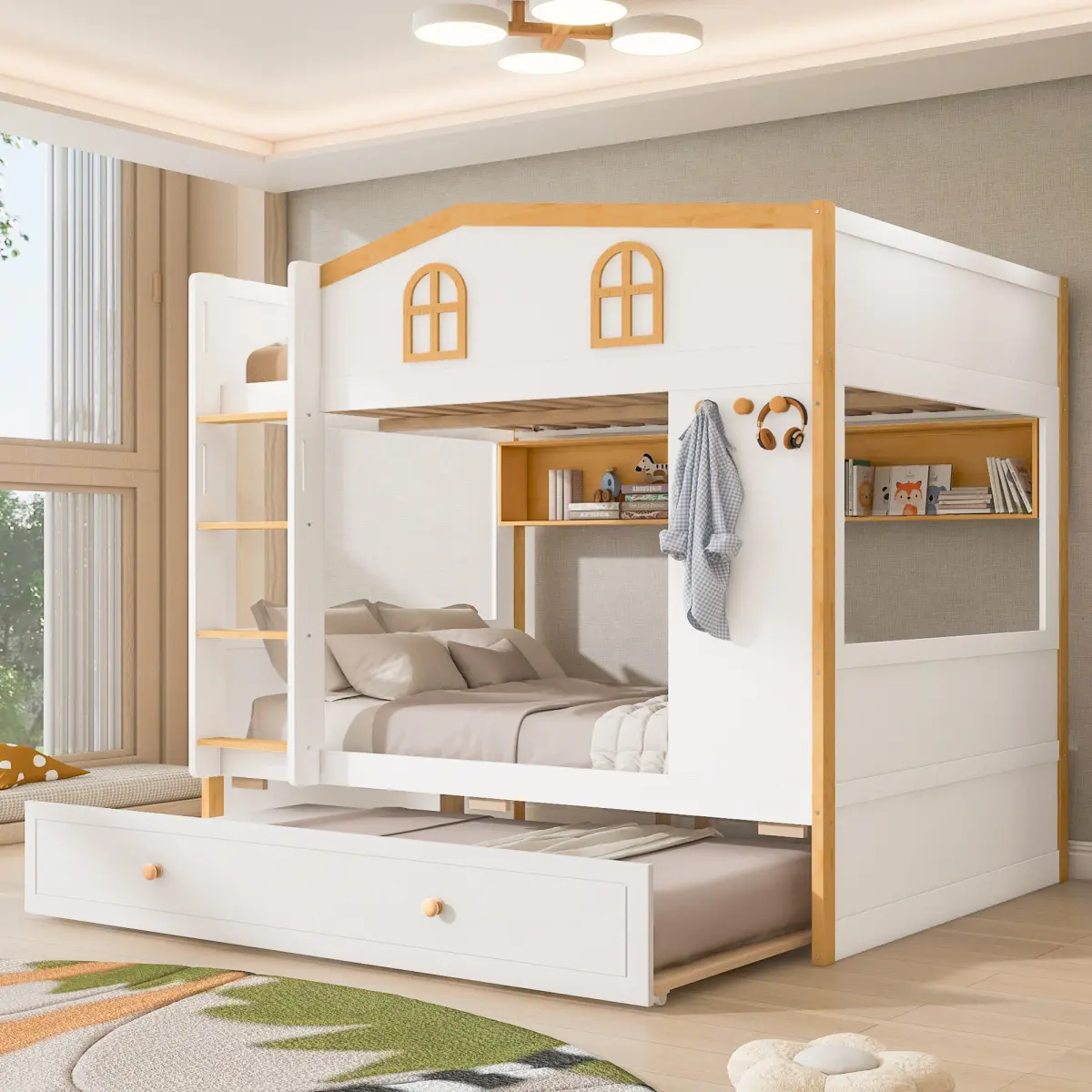 White & Natural Wood Full-Over-Full Loft Bed - Treehouse Style with House-Shaped Guardrails, Sturdy Side Ladder, Storage Shelves, Trundle, Playful Window Details, Stain Resistance, Raised Top Bunk, Side Hooks, Bedroom Solutions