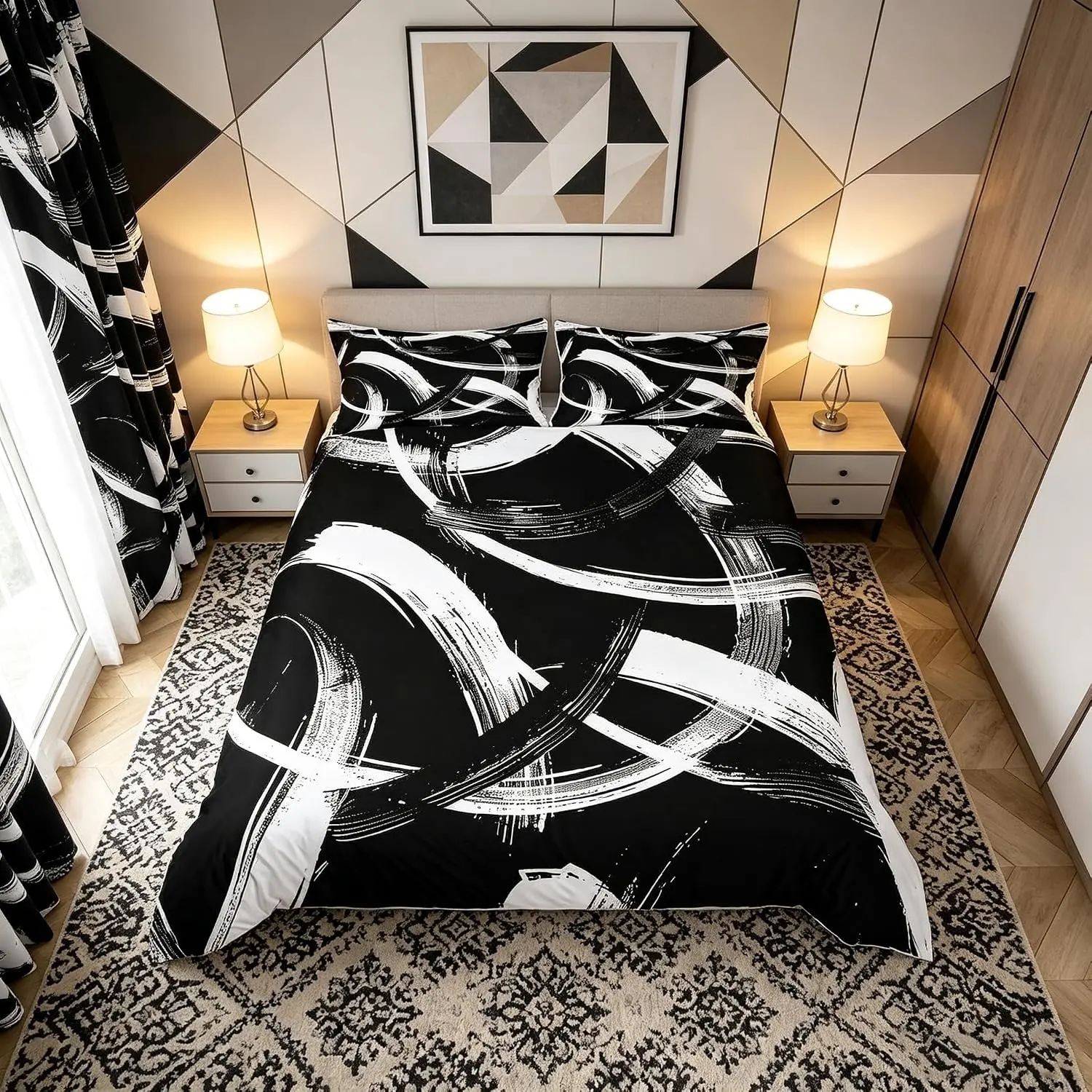 Manfei Black White Duvet Cover Set Queen Size,Abstract Modern Simple Line Bedding Set 3pcs,Geometric Aesthetic Quilt Cover,Kids Boys Girls Room Decor,2 Pillowcases,No Comforter