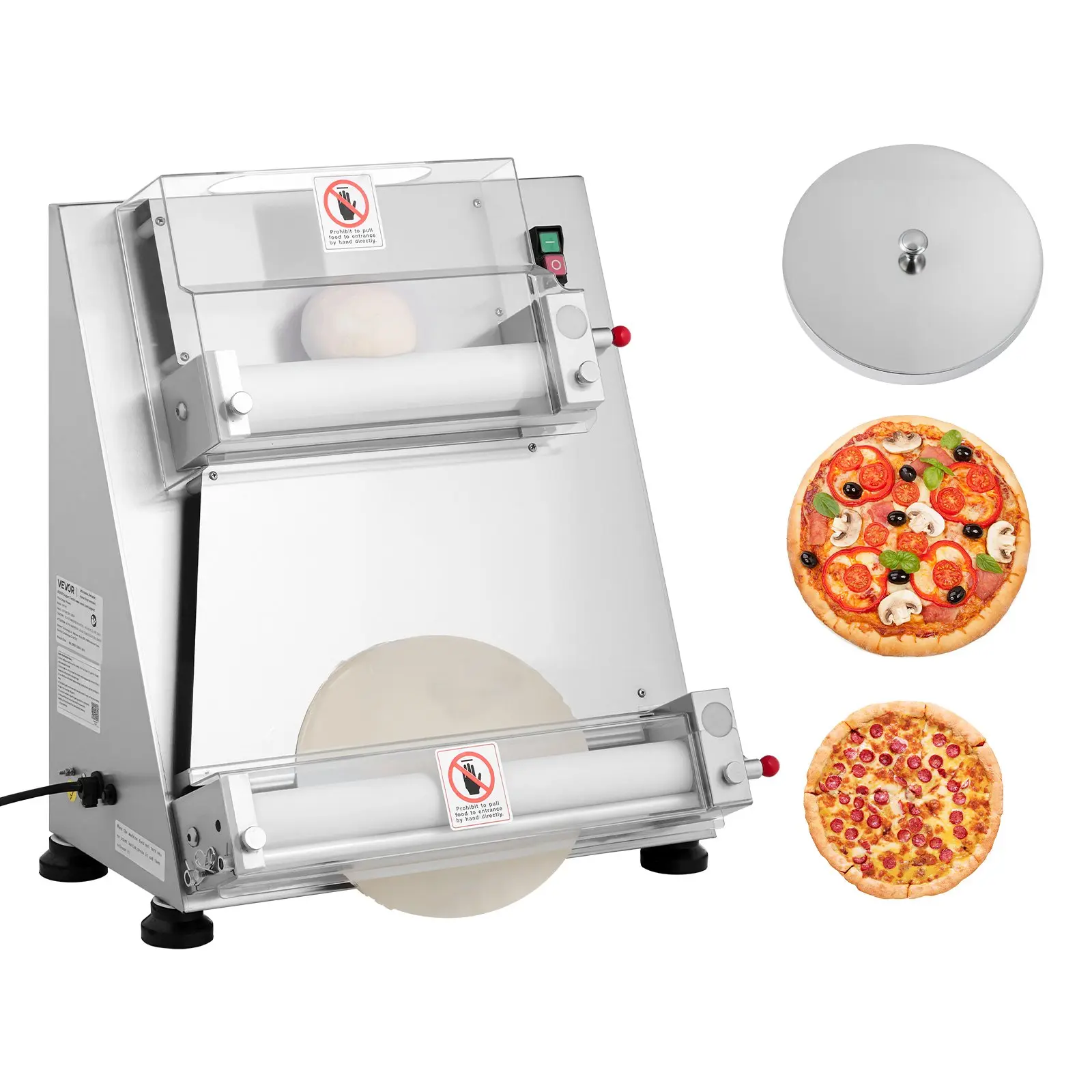 VEVOR Commercial Stainless Steel Pizza Dough Roller Sheeter, 3-16 in Semi-Automatic 390W Electric Pasta Maker, 260 Pcs/Hour Capacity, Adjustable Thickness, Dough Press Lid for Commercial Users