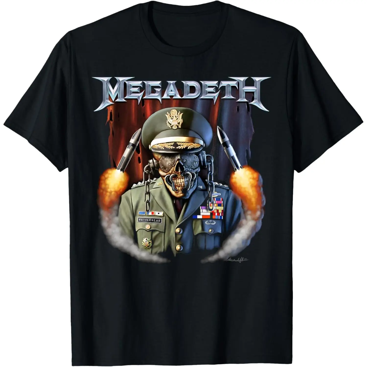 Megadeth Graphic T-Shirt Vic Rattlehead Skeleton Army General US Military Hat Full Medal Uniform Rivet Blindfold Hanging Chains Two Launching Missile Rockets Fire Smoke Torn Dark Red Curtain Background Vintage Distressed Anti War Political Satire Dark Mil