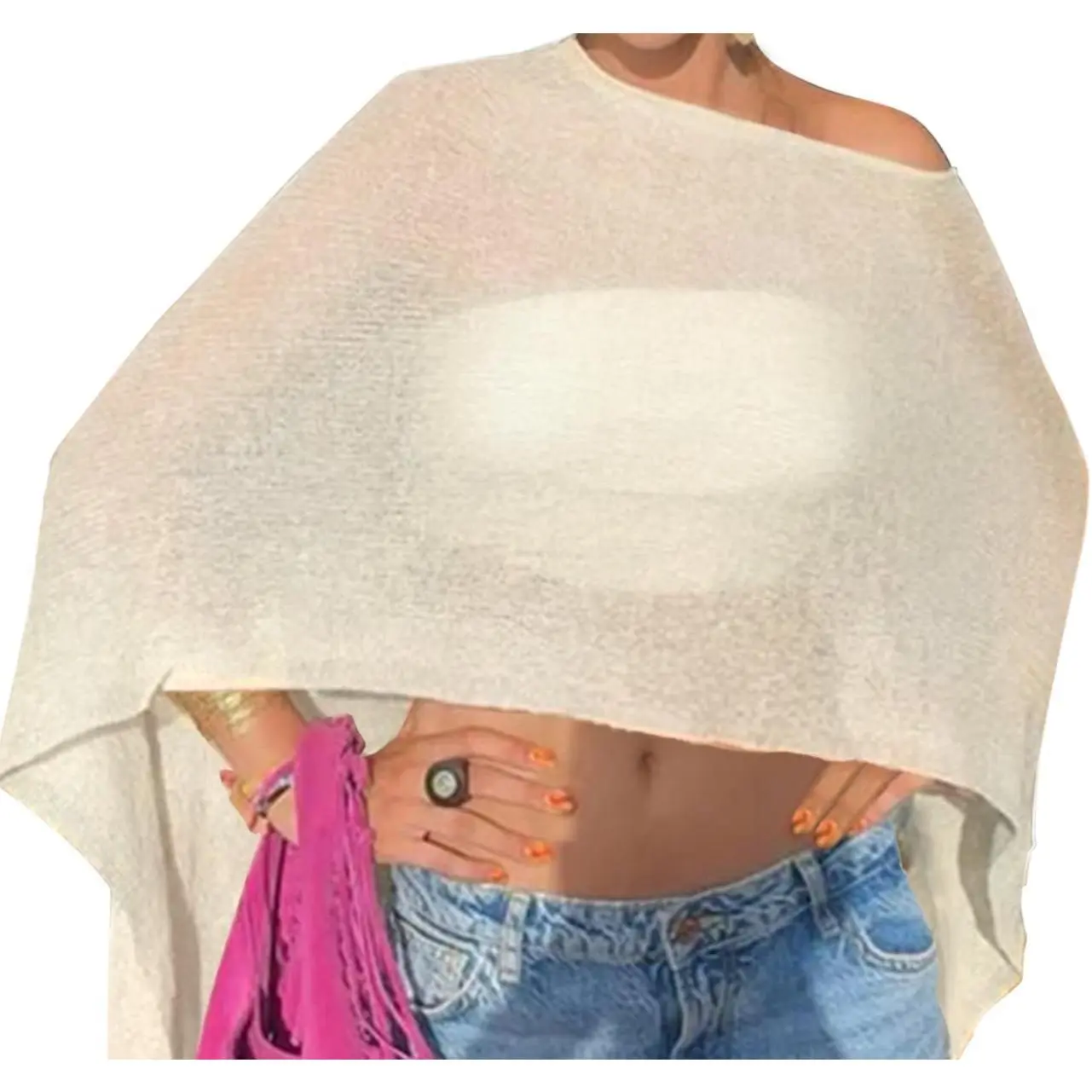 Off The Shoulder Sheer Crochet Vacation Outfits Poncho Sweater Top Summer Beach Cover UpGift