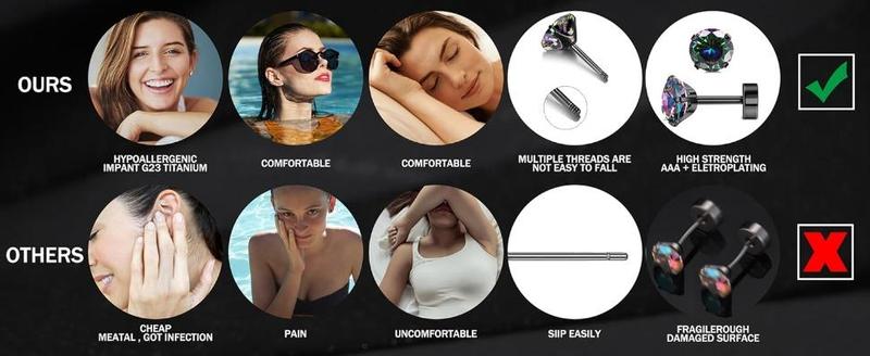 Jstyle 6 Pairs Titanium Earrings for Sensitive Ears Screw Back Hypoallergenic Surgical Stainless Steel Stud Earrings Double Side Rainbow AB Cubic Zirconia Studs Titanium Cartilage Earrings for Women Men 4/5/6 MM