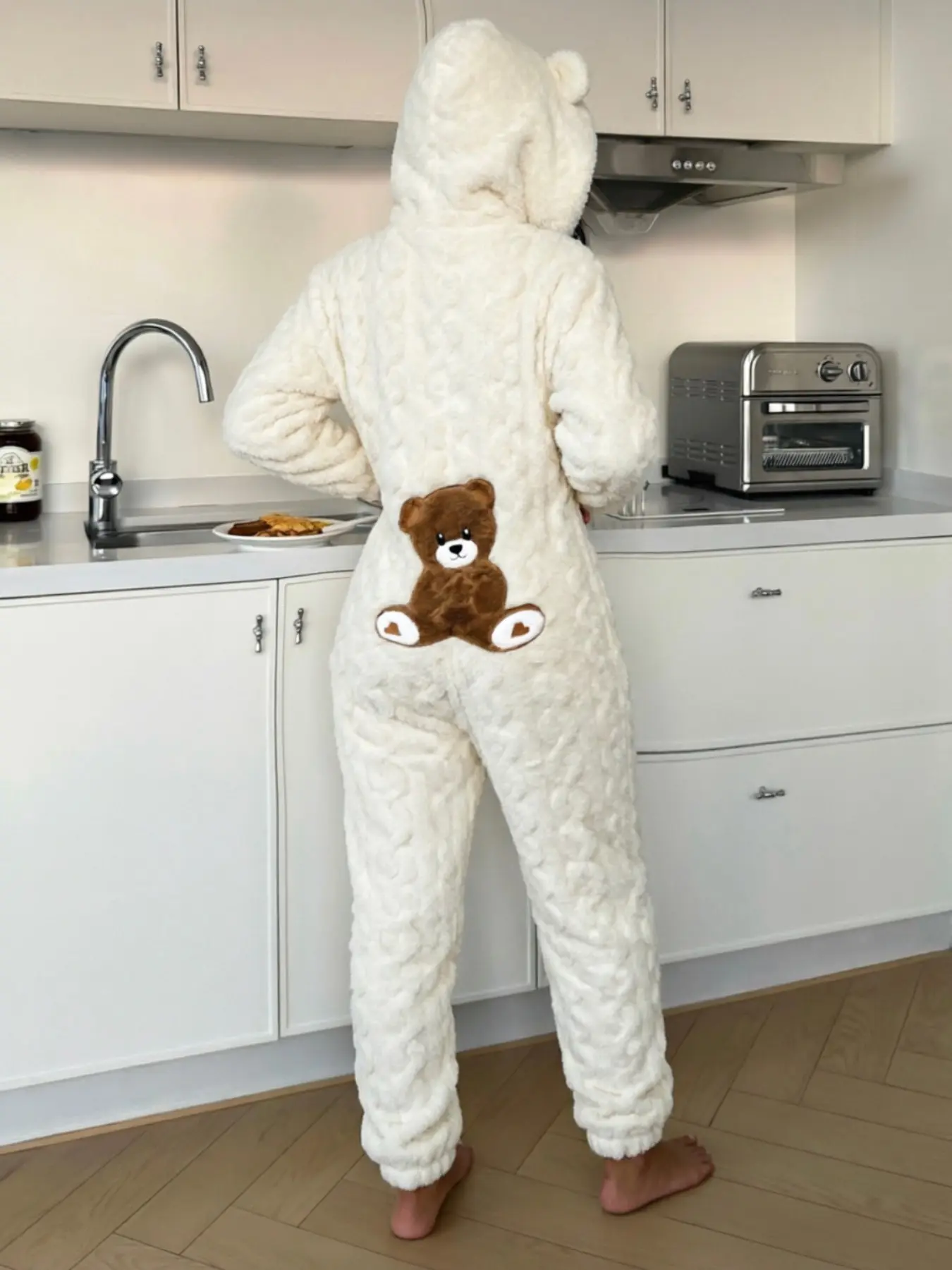 Women's Cute Teddy Bear Embroidered Hooded Long Sleeve Plush Jumpsuit, Comfortable Fashion Design, Perfect Gift for Her, Casual Fall & Winter Wear, Loungewear Nightwear, Cozy Wear, Jumpsuit Pajamas