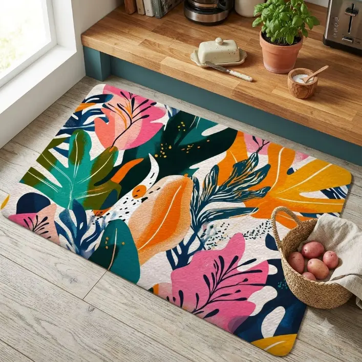 Boho Colorful Floral Bath Mat, Tropical Abstract Art Modern Flannel Soft Non Slip Floor Rugs for Living Room Doormat, Asthetic Jungle Plant Leaf Floral Outdoor Rug, 16x24 inch