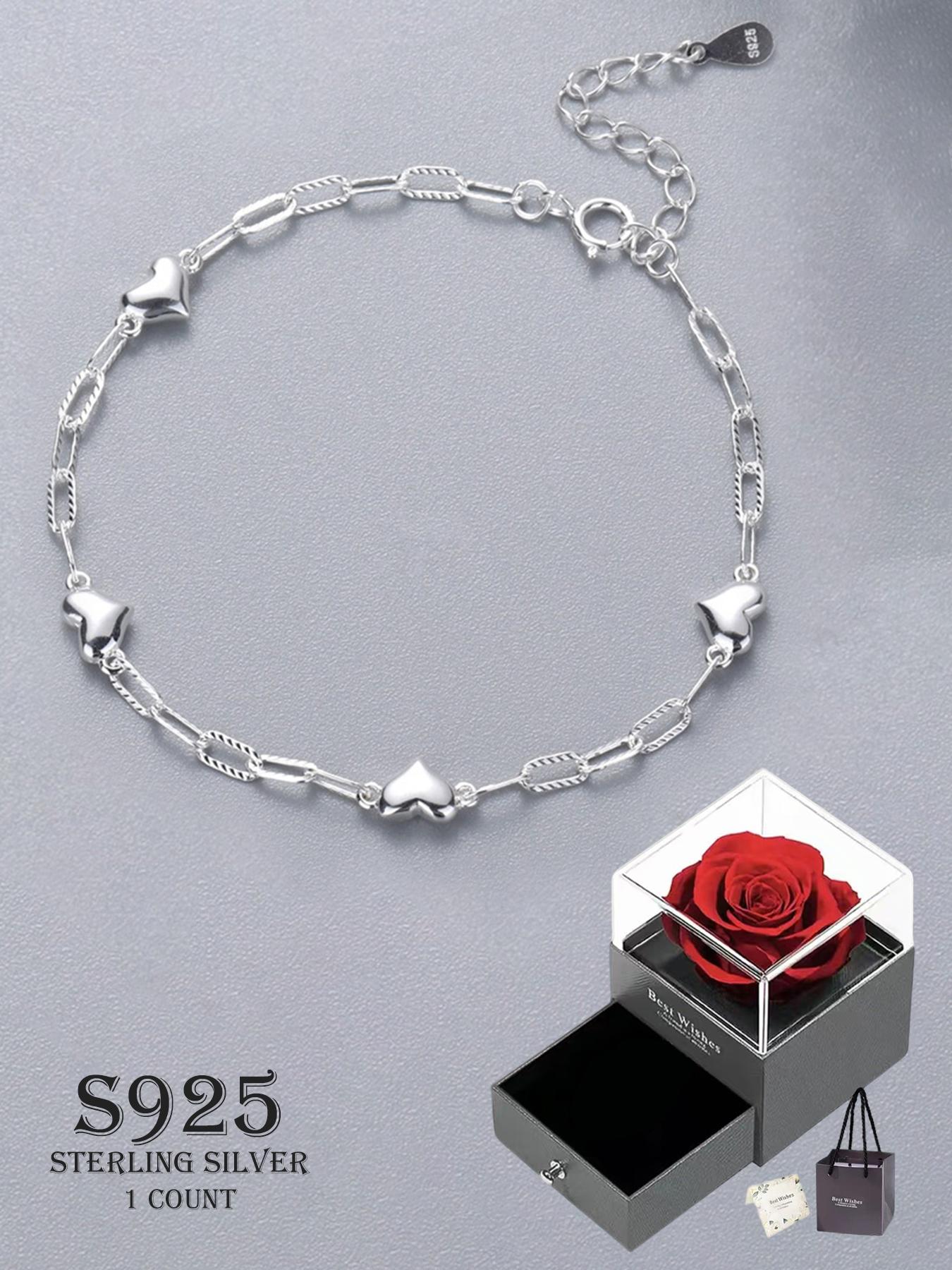 S925 Sterling Silver Simple Heart Design Chain Bracelet, Valentine's Gifts for Her, Silver Jewelry, Fashion Jewelry for Party, Daily Decor, Trendy All-match & Exquisite Jewelry for Birthday Gift, Gift Ready, Heart Shaped Bracelet, Heart Charm Bracelet