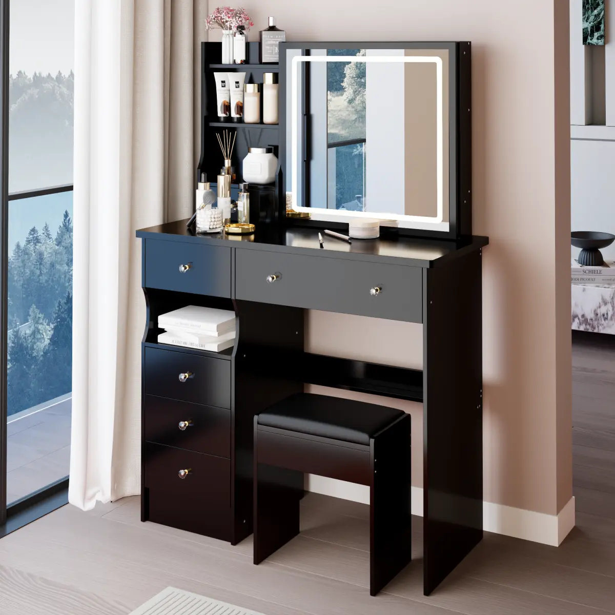 37" Left Drawer Desktop LED Makeup Vanity Table with Cushioned Stool - Large Sliding Design, Touch Control, 3-Color Switching Mirror, High-Capacity Storage Set, EPA/GCC/UL Certified Indoor Furniture