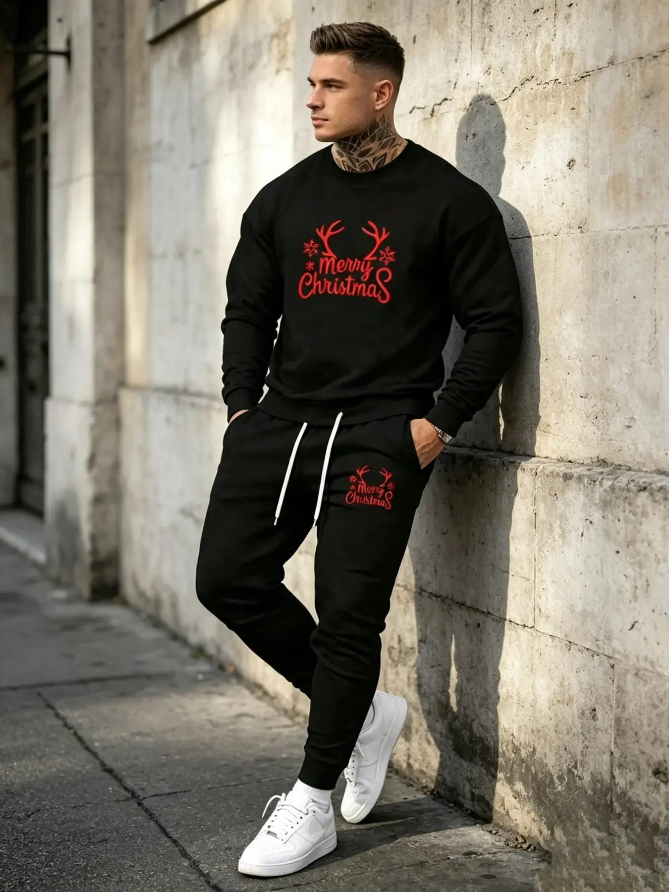 Men's Christmas Holiday Print Set, Casual Long Sleeve Sweatshirt and Pants, Comfortable Slim Fit, Fall Winter Fashion