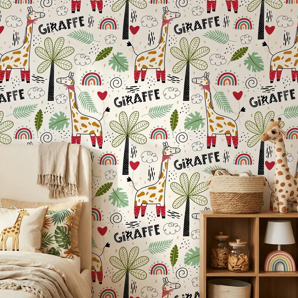 1 Roll 44.5cm/17.5in Width Cartoon Giraffe Rainforest Rainbow Wall Decals, Self-Adhesive Fun Kids Wallpaper, Waterproof Furniture Decor Stickers, Easy to Cut & Install Wall Decor, for Boys Girls Bedroom Nursery Playroom Cabinet Wall Home Decor