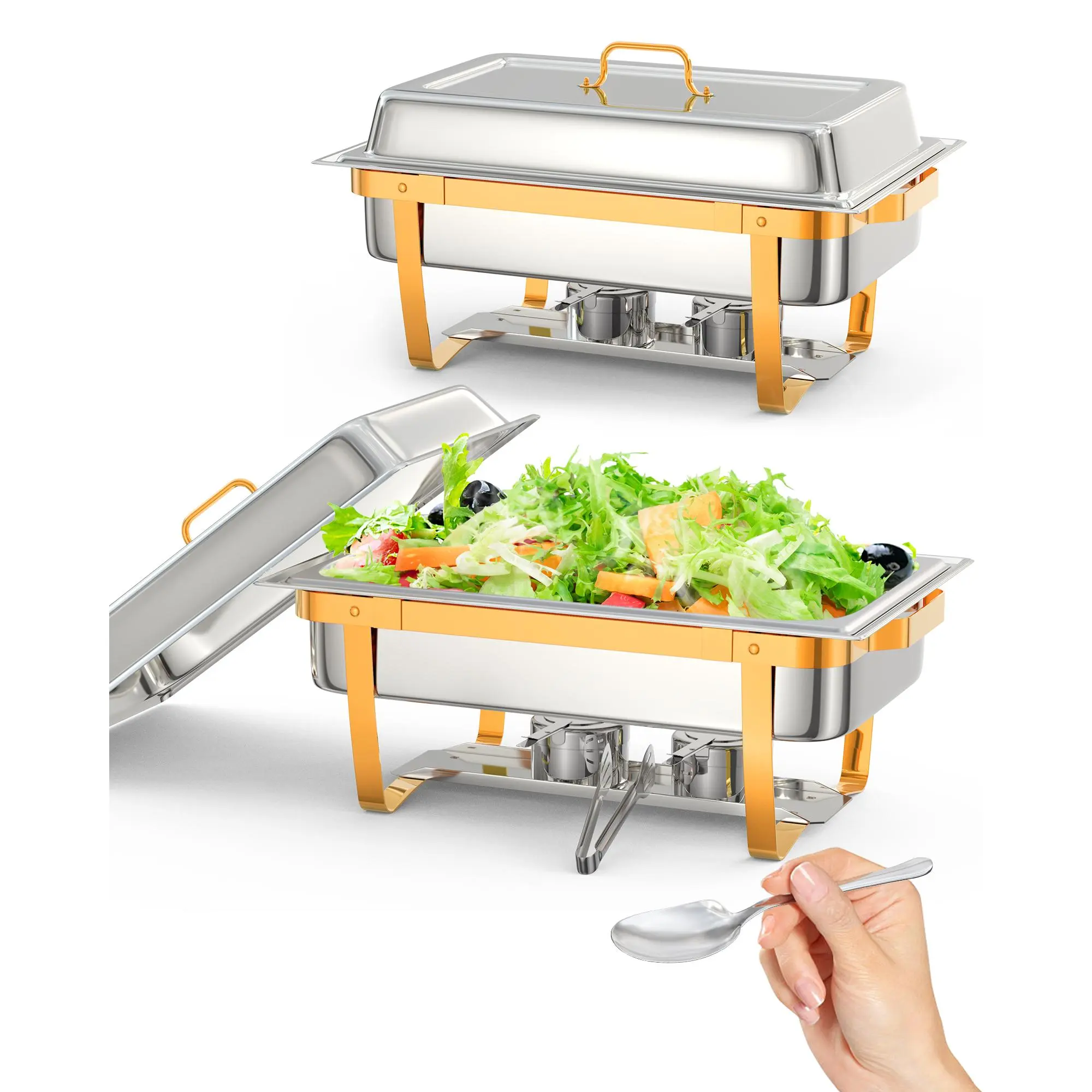 Commercial Stainless Steel Chafing Dish Buffet Set, 9.5QT Rectangle Food Warmer with Lid Holder, Gold-Plated Finish, Spoon & Tweezers, Durable Catering Serving Equipment for Parties, Weddings, Banquets & Events