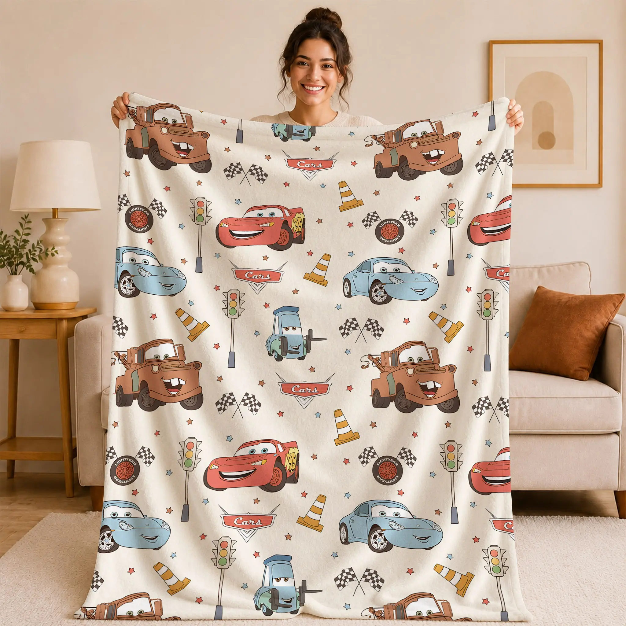 Pixar Cars Flannel Fleece Blanket, Lightning Mcqueen Mater Pattern, Ultra-Soft Warm Throw, Couch Bed Decor, Cozy Home Accessory