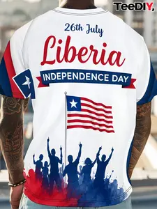 Liberia Independence Day Stars Men's Casual Printed Short Sleeve T-Shirt, Round Neck, Breathable, Summer Beachwear, Daily Wear