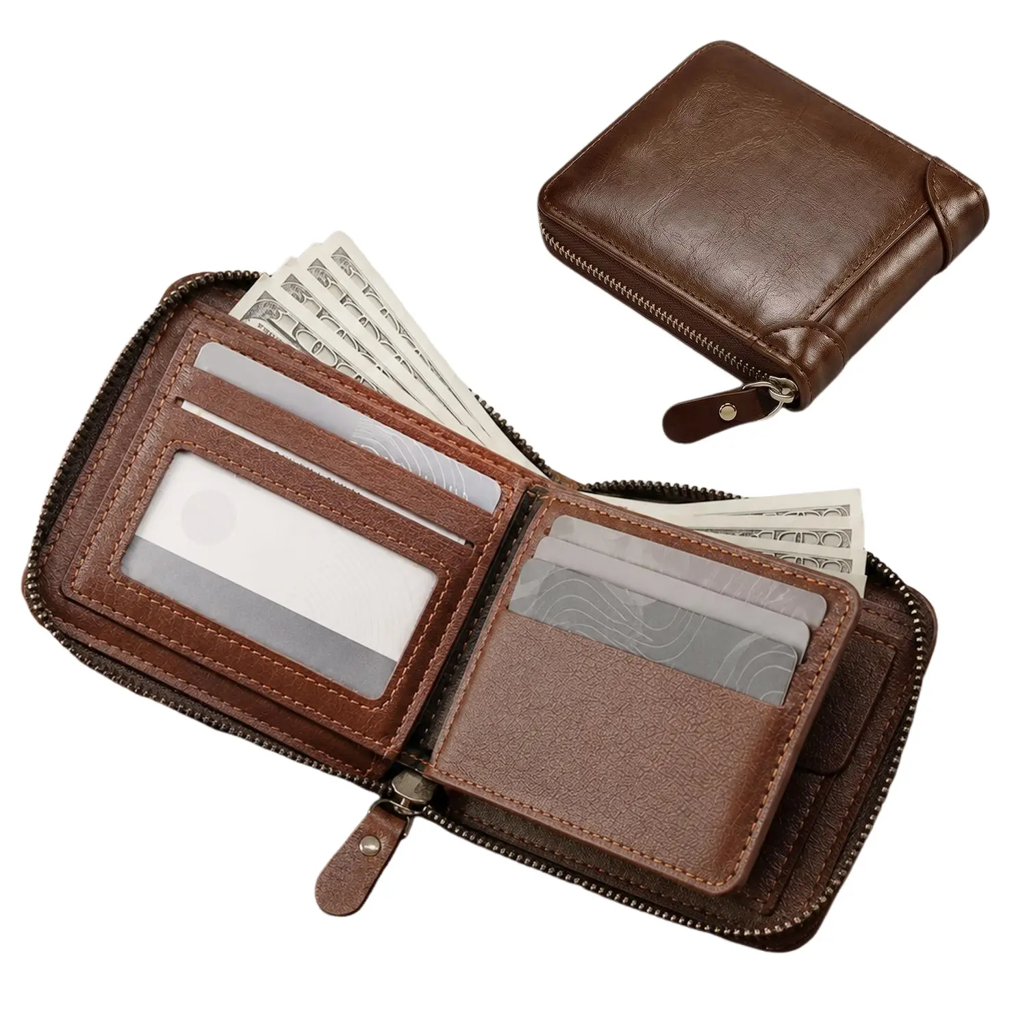 Men's Bifold Wallet, Slim PU Leather Short Wallet with Zipper Coin Pocket, Multiple Card Slots & Cash Compartment, Retro Classic Card Holder for Men, Casual Everyday Wallet Gift